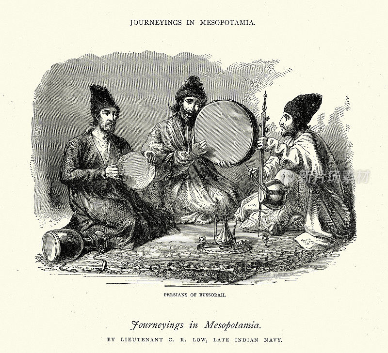 伊拉克巴士拉比索拉的波斯人，演奏传统乐器，Kamancheh, 19世纪维多利亚时期的中东历史